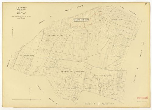 Plans minutes de conservation : MOIGNY-SUR-ECOLE : sections B1, F1, I, L1, O1, O2, P, Q1, Q2, ech. 1/1250 (1957), sections AB, AC, AD, ech. 1/1000 (1957), sections ZB, ZC, ech. 1/2000 (1957) ; tableau d'assemblage n°1, ech. 1/10000 (1957-1968), sections B