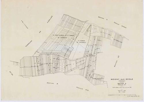 MOIGNY-SUR-ECOLE, plans minutes de conservation : tableau d'assemblage, 1957, Ech. 1/10000 ; plans des sections B1, B2, C, D, F1, F2, G1, I, L1, L2, N, O1, O2, P, Q1, Q2, 1957, Ech. 1/1250, sections AB, AC, AD, 1957, Ech. 1/1000, sections ZA, ZB, ZC, 1957