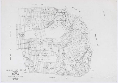 MOIGNY-SUR-ECOLE, plans minutes de conservation : tableau d'assemblage, 1957, Ech. 1/10000 ; plans des sections B1, B2, C, D, F1, F2, G1, I, L1, L2, N, O1, O2, P, Q1, Q2, 1957, Ech. 1/1250, sections AB, AC, AD, 1957, Ech. 1/1000, sections ZA, ZB, ZC, 1957