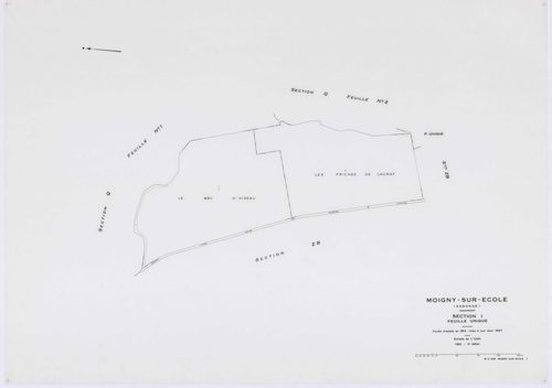 MOIGNY-SUR-ECOLE, plans minutes de conservation : tableau d'assemblage, 1957, Ech. 1/10000 ; plans des sections B1, B2, C, D, F1, F2, G1, I, L1, L2, N, O1, O2, P, Q1, Q2, 1957, Ech. 1/1250, sections AB, AC, AD, 1957, Ech. 1/1000, sections ZA, ZB, ZC, 1957