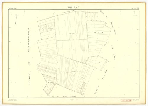 Plans minutes de conservation : MOIGNY-SUR-ECOLE : sections B1, F1, I, L1, O1, O2, P, Q1, Q2, ech. 1/1250 (1957), sections AB, AC, AD, ech. 1/1000 (1957), sections ZB, ZC, ech. 1/2000 (1957) ; tableau d'assemblage n°1, ech. 1/10000 (1957-1968), sections B