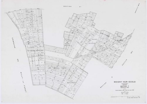 MOIGNY-SUR-ECOLE, plans minutes de conservation : tableau d'assemblage, 1957, Ech. 1/10000 ; plans des sections B1, B2, C, D, F1, F2, G1, I, L1, L2, N, O1, O2, P, Q1, Q2, 1957, Ech. 1/1250, sections AB, AC, AD, 1957, Ech. 1/1000, sections ZA, ZB, ZC, 1957
