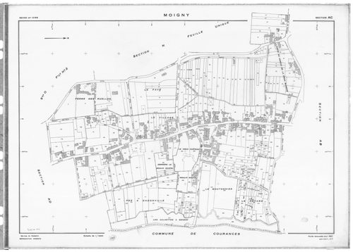 MOIGNY-SUR-ECOLE. - Cadastre de 1814 mis à jour pour 1987 puis pour 1968 : plans de la section B 1ère feuille, idem 2ème feuille ; cadastre renouvelé pour 1957 : plans de la sction AB, section AC, section AD, section ZA ; cadastre renouvelé pour 1957 mis 