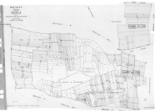 MOIGNY-SUR-ECOLE. - Cadastre de 1814 mis à jour pour 1987 puis pour 1968 : plans de la section B 1ère feuille, idem 2ème feuille ; cadastre renouvelé pour 1957 : plans de la sction AB, section AC, section AD, section ZA ; cadastre renouvelé pour 1957 mis 