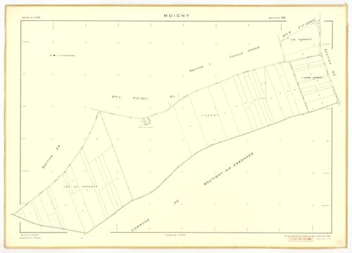 Plans minutes de conservation : MOIGNY-SUR-ECOLE : sections B1, F1, I, L1, O1, O2, P, Q1, Q2, ech. 1/1250 (1957), sections AB, AC, AD, ech. 1/1000 (1957), sections ZB, ZC, ech. 1/2000 (1957) ; tableau d'assemblage n°1, ech. 1/10000 (1957-1968), sections B