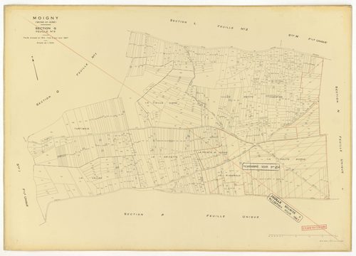 Plans minutes de conservation : MOIGNY-SUR-ECOLE : sections B1, F1, I, L1, O1, O2, P, Q1, Q2, ech. 1/1250 (1957), sections AB, AC, AD, ech. 1/1000 (1957), sections ZB, ZC, ech. 1/2000 (1957) ; tableau d'assemblage n°1, ech. 1/10000 (1957-1968), sections B