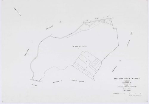 MOIGNY-SUR-ECOLE, plans minutes de conservation : tableau d'assemblage, 1957, Ech. 1/10000 ; plans des sections B1, B2, C, D, F1, F2, G1, I, L1, L2, N, O1, O2, P, Q1, Q2, 1957, Ech. 1/1250, sections AB, AC, AD, 1957, Ech. 1/1000, sections ZA, ZB, ZC, 1957