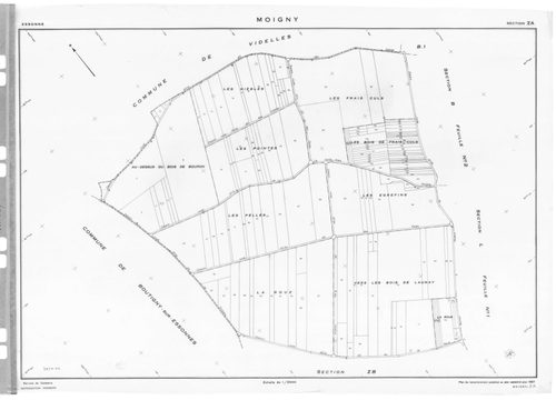 MOIGNY-SUR-ECOLE. - Cadastre de 1814 mis à jour pour 1987 puis pour 1968 : plans de la section B 1ère feuille, idem 2ème feuille ; cadastre renouvelé pour 1957 : plans de la sction AB, section AC, section AD, section ZA ; cadastre renouvelé pour 1957 mis 