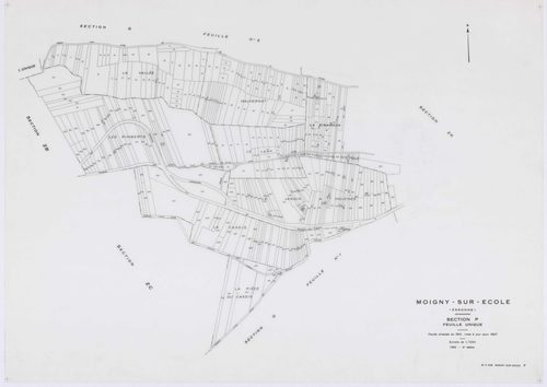 MOIGNY-SUR-ECOLE, plans minutes de conservation : tableau d'assemblage, 1957, Ech. 1/10000 ; plans des sections B1, B2, C, D, F1, F2, G1, I, L1, L2, N, O1, O2, P, Q1, Q2, 1957, Ech. 1/1250, sections AB, AC, AD, 1957, Ech. 1/1000, sections ZA, ZB, ZC, 1957