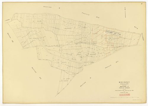 Plans minutes de conservation : MOIGNY-SUR-ECOLE : sections B1, F1, I, L1, O1, O2, P, Q1, Q2, ech. 1/1250 (1957), sections AB, AC, AD, ech. 1/1000 (1957), sections ZB, ZC, ech. 1/2000 (1957) ; tableau d'assemblage n°1, ech. 1/10000 (1957-1968), sections B