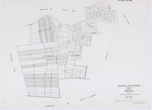MOIGNY-SUR-ECOLE, plans minutes de conservation : tableau d'assemblage, 1957, Ech. 1/10000 ; plans des sections B1, B2, C, D, F1, F2, G1, I, L1, L2, N, O1, O2, P, Q1, Q2, 1957, Ech. 1/1250, sections AB, AC, AD, 1957, Ech. 1/1000, sections ZA, ZB, ZC, 1957