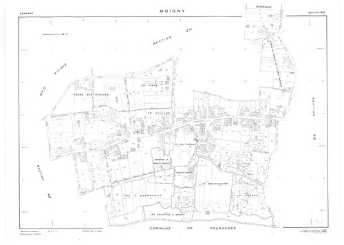 MOIGNY-SUR-ECOLE. - Cadastre de 1814 mis à jour pour 1987 puis pour 1968 : plans de la section B 1ère feuille, idem 2ème feuille ; cadastre renouvelé pour 1957 : plans de la sction AB, section AC, section AD, section ZA ; cadastre renouvelé pour 1957 mis 