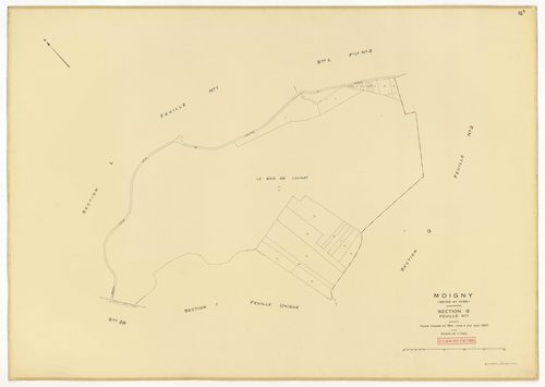 Plans minutes de conservation : MOIGNY-SUR-ECOLE : sections B1, F1, I, L1, O1, O2, P, Q1, Q2, ech. 1/1250 (1957), sections AB, AC, AD, ech. 1/1000 (1957), sections ZB, ZC, ech. 1/2000 (1957) ; tableau d'assemblage n°1, ech. 1/10000 (1957-1968), sections B