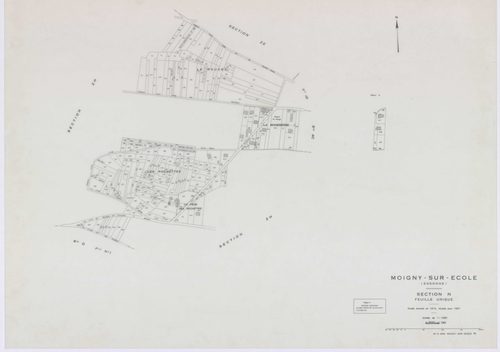 MOIGNY-SUR-ECOLE, plans minutes de conservation : tableau d'assemblage, 1957, Ech. 1/10000 ; plans des sections B1, B2, C, D, F1, F2, G1, I, L1, L2, N, O1, O2, P, Q1, Q2, 1957, Ech. 1/1250, sections AB, AC, AD, 1957, Ech. 1/1000, sections ZA, ZB, ZC, 1957
