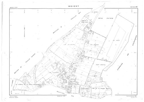 MOIGNY-SUR-ECOLE. - Cadastre de 1814 mis à jour pour 1987 puis pour 1968 : plans de la section B 1ère feuille, idem 2ème feuille ; cadastre renouvelé pour 1957 : plans de la sction AB, section AC, section AD, section ZA ; cadastre renouvelé pour 1957 mis 
