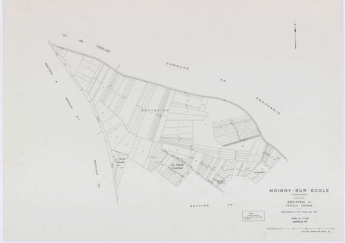MOIGNY-SUR-ECOLE, plans minutes de conservation : tableau d'assemblage, 1957, Ech. 1/10000 ; plans des sections B1, B2, C, D, F1, F2, G1, I, L1, L2, N, O1, O2, P, Q1, Q2, 1957, Ech. 1/1250, sections AB, AC, AD, 1957, Ech. 1/1000, sections ZA, ZB, ZC, 1957