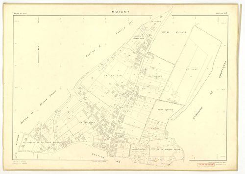 Plans minutes de conservation : MOIGNY-SUR-ECOLE : sections B1, F1, I, L1, O1, O2, P, Q1, Q2, ech. 1/1250 (1957), sections AB, AC, AD, ech. 1/1000 (1957), sections ZB, ZC, ech. 1/2000 (1957) ; tableau d'assemblage n°1, ech. 1/10000 (1957-1968), sections B