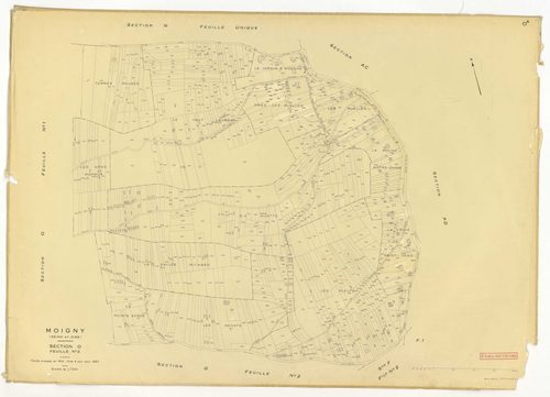 Plans minutes de conservation : MOIGNY-SUR-ECOLE : sections B1, F1, I, L1, O1, O2, P, Q1, Q2, ech. 1/1250 (1957), sections AB, AC, AD, ech. 1/1000 (1957), sections ZB, ZC, ech. 1/2000 (1957) ; tableau d'assemblage n°1, ech. 1/10000 (1957-1968), sections B
