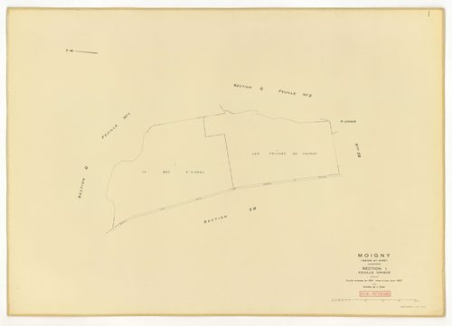 Plans minutes de conservation : MOIGNY-SUR-ECOLE : sections B1, F1, I, L1, O1, O2, P, Q1, Q2, ech. 1/1250 (1957), sections AB, AC, AD, ech. 1/1000 (1957), sections ZB, ZC, ech. 1/2000 (1957) ; tableau d'assemblage n°1, ech. 1/10000 (1957-1968), sections B