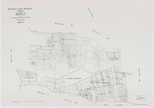MOIGNY-SUR-ECOLE, plans minutes de conservation : tableau d'assemblage, 1957, Ech. 1/10000 ; plans des sections B1, B2, C, D, F1, F2, G1, I, L1, L2, N, O1, O2, P, Q1, Q2, 1957, Ech. 1/1250, sections AB, AC, AD, 1957, Ech. 1/1000, sections ZA, ZB, ZC, 1957