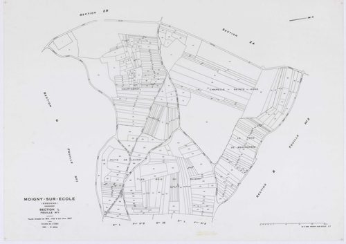 MOIGNY-SUR-ECOLE, plans minutes de conservation : tableau d'assemblage, 1957, Ech. 1/10000 ; plans des sections B1, B2, C, D, F1, F2, G1, I, L1, L2, N, O1, O2, P, Q1, Q2, 1957, Ech. 1/1250, sections AB, AC, AD, 1957, Ech. 1/1000, sections ZA, ZB, ZC, 1957