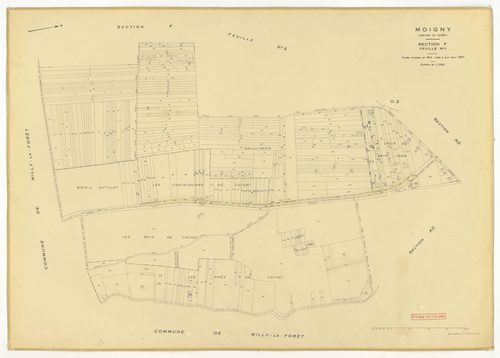 Plans minutes de conservation : MOIGNY-SUR-ECOLE : sections B1, F1, I, L1, O1, O2, P, Q1, Q2, ech. 1/1250 (1957), sections AB, AC, AD, ech. 1/1000 (1957), sections ZB, ZC, ech. 1/2000 (1957) ; tableau d'assemblage n°1, ech. 1/10000 (1957-1968), sections B