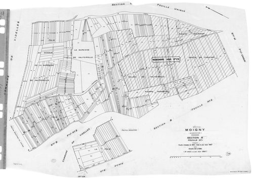 MOIGNY-SUR-ECOLE. - Cadastre de 1814 mis à jour pour 1987 puis pour 1968 : plans de la section B 1ère feuille, idem 2ème feuille ; cadastre renouvelé pour 1957 : plans de la sction AB, section AC, section AD, section ZA ; cadastre renouvelé pour 1957 mis 