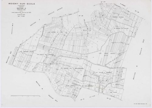 MOIGNY-SUR-ECOLE, plans minutes de conservation : tableau d'assemblage, 1957, Ech. 1/10000 ; plans des sections B1, B2, C, D, F1, F2, G1, I, L1, L2, N, O1, O2, P, Q1, Q2, 1957, Ech. 1/1250, sections AB, AC, AD, 1957, Ech. 1/1000, sections ZA, ZB, ZC, 1957