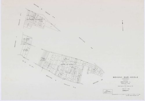 MOIGNY-SUR-ECOLE, plans minutes de conservation : tableau d'assemblage, 1957, Ech. 1/10000 ; plans des sections B1, B2, C, D, F1, F2, G1, I, L1, L2, N, O1, O2, P, Q1, Q2, 1957, Ech. 1/1250, sections AB, AC, AD, 1957, Ech. 1/1000, sections ZA, ZB, ZC, 1957