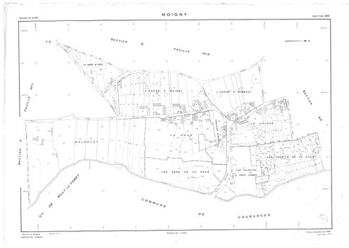 MOIGNY-SUR-ECOLE. - Cadastre de 1814 mis à jour pour 1987 puis pour 1968 : plans de la section B 1ère feuille, idem 2ème feuille ; cadastre renouvelé pour 1957 : plans de la sction AB, section AC, section AD, section ZA ; cadastre renouvelé pour 1957 mis 
