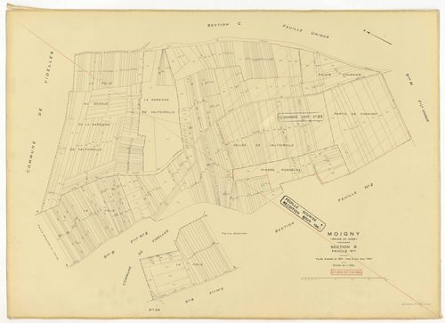 Plans minutes de conservation : MOIGNY-SUR-ECOLE : sections B1, F1, I, L1, O1, O2, P, Q1, Q2, ech. 1/1250 (1957), sections AB, AC, AD, ech. 1/1000 (1957), sections ZB, ZC, ech. 1/2000 (1957) ; tableau d'assemblage n°1, ech. 1/10000 (1957-1968), sections B