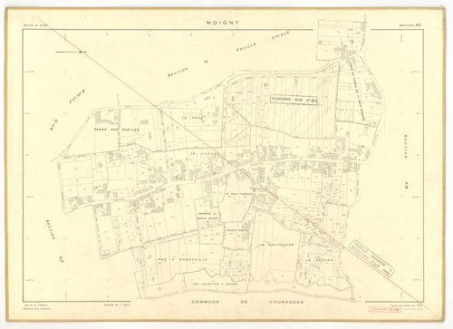 Plans minutes de conservation : MOIGNY-SUR-ECOLE : sections B1, F1, I, L1, O1, O2, P, Q1, Q2, ech. 1/1250 (1957), sections AB, AC, AD, ech. 1/1000 (1957), sections ZB, ZC, ech. 1/2000 (1957) ; tableau d'assemblage n°1, ech. 1/10000 (1957-1968), sections B