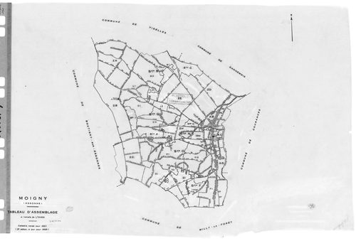 MOIGNY-SUR-ECOLE. - Cadastre de 1814 mis à jour pour 1987 puis pour 1968 : plans de la section B 1ère feuille, idem 2ème feuille ; cadastre renouvelé pour 1957 : plans de la sction AB, section AC, section AD, section ZA ; cadastre renouvelé pour 1957 mis 