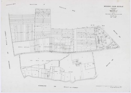 MOIGNY-SUR-ECOLE, plans minutes de conservation : tableau d'assemblage, 1957, Ech. 1/10000 ; plans des sections B1, B2, C, D, F1, F2, G1, I, L1, L2, N, O1, O2, P, Q1, Q2, 1957, Ech. 1/1250, sections AB, AC, AD, 1957, Ech. 1/1000, sections ZA, ZB, ZC, 1957