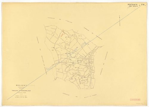 Plans minutes de conservation : MOIGNY-SUR-ECOLE : sections B1, F1, I, L1, O1, O2, P, Q1, Q2, ech. 1/1250 (1957), sections AB, AC, AD, ech. 1/1000 (1957), sections ZB, ZC, ech. 1/2000 (1957) ; tableau d'assemblage n°1, ech. 1/10000 (1957-1968), sections B