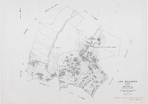 MOLIERES, plans minutes de conservation : tableau d'assemblage,1937, Ech. 1/10000 ; plans des sections A, B, D, E, F, H1, 1937, Ech. 1/2500, sections G, H2, 1937, Ech. 1/1250, sections X, Y, Z, 1959, Ech. 1/2000, sections AA, AB, AC, 2000, Ech. 1/1000. Po