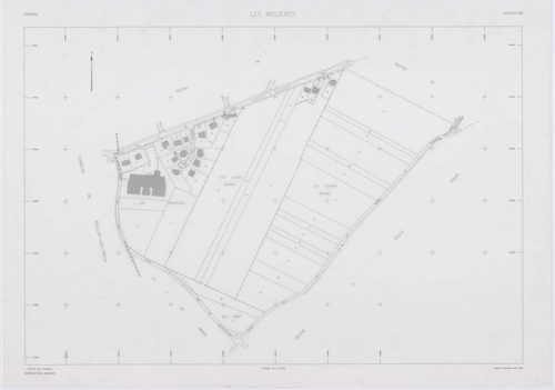 MOLIERES, plans minutes de conservation : tableau d'assemblage,1937, Ech. 1/10000 ; plans des sections A, B, D, E, F, H1, 1937, Ech. 1/2500, sections G, H2, 1937, Ech. 1/1250, sections X, Y, Z, 1959, Ech. 1/2000, sections AA, AB, AC, 2000, Ech. 1/1000. Po