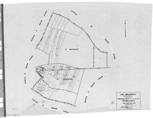 MOLIERES (LES). - Cadastre révisé pour 1937 : plans de la section A Solligny, section E Nervilliers, section F Fay, section G les Molières, section H la Cocquetière ; cadastre révisé pour 1937 mis à jour pour 1959 : plan du tableau d'assemblage ; cadastre