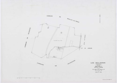 MOLIERES, plans minutes de conservation : tableau d'assemblage,1937, Ech. 1/10000 ; plans des sections A, B, D, E, F, H1, 1937, Ech. 1/2500, sections G, H2, 1937, Ech. 1/1250, sections X, Y, Z, 1959, Ech. 1/2000, sections AA, AB, AC, 2000, Ech. 1/1000. Po