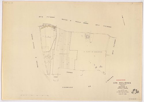 MOLIERES (LES). - Cadastre révisé pour 1937, à jour pour 1976 (2ème, 3ème édition) : plans du tableau d'assemblage, des sections A, B, C dite d'Armenon, D, E dite de Nervilliers, F, G dite des Molières et H dite de la Cocquetière ; cadastre révisé pour 19
