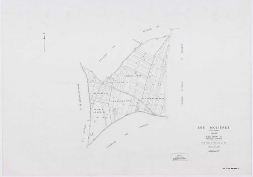 MOLIERES, plans minutes de conservation : tableau d'assemblage,1937, Ech. 1/10000 ; plans des sections A, B, D, E, F, H1, 1937, Ech. 1/2500, sections G, H2, 1937, Ech. 1/1250, sections X, Y, Z, 1959, Ech. 1/2000, sections AA, AB, AC, 2000, Ech. 1/1000. Po