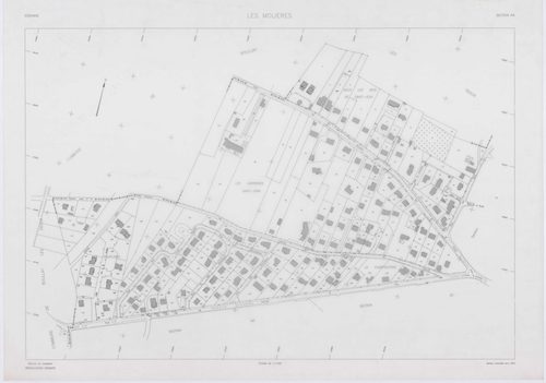 MOLIERES, plans minutes de conservation : tableau d'assemblage,1937, Ech. 1/10000 ; plans des sections A, B, D, E, F, H1, 1937, Ech. 1/2500, sections G, H2, 1937, Ech. 1/1250, sections X, Y, Z, 1959, Ech. 1/2000, sections AA, AB, AC, 2000, Ech. 1/1000. Po