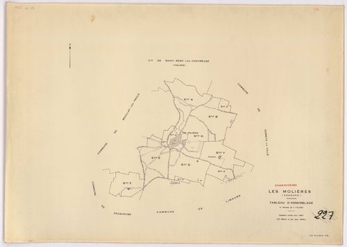 MOLIERES (LES). - Cadastre révisé pour 1937, à jour pour 1976 (2ème, 3ème édition) : plans du tableau d'assemblage, des sections A, B, C dite d'Armenon, D, E dite de Nervilliers, F, G dite des Molières et H dite de la Cocquetière ; cadastre révisé pour 19