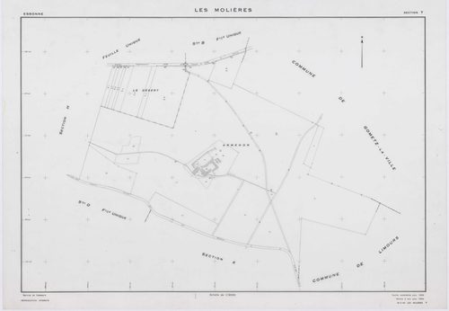 MOLIERES, plans minutes de conservation : tableau d'assemblage,1937, Ech. 1/10000 ; plans des sections A, B, D, E, F, H1, 1937, Ech. 1/2500, sections G, H2, 1937, Ech. 1/1250, sections X, Y, Z, 1959, Ech. 1/2000, sections AA, AB, AC, 2000, Ech. 1/1000. Po