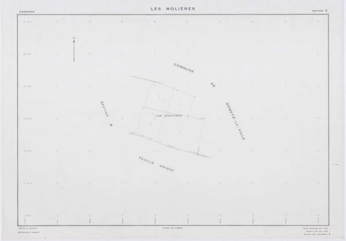MOLIERES, plans minutes de conservation : tableau d'assemblage,1937, Ech. 1/10000 ; plans des sections A, B, D, E, F, H1, 1937, Ech. 1/2500, sections G, H2, 1937, Ech. 1/1250, sections X, Y, Z, 1959, Ech. 1/2000, sections AA, AB, AC, 2000, Ech. 1/1000. Po