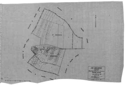 MOLIERES (LES). - Cadastre révisé pour 1937 : plans de la section A Solligny, section E Nervilliers, section F Fay, section G les Molières, section H la Cocquetière ; cadastre révisé pour 1937 mis à jour pour 1959 : plan du tableau d'assemblage ; cadastre