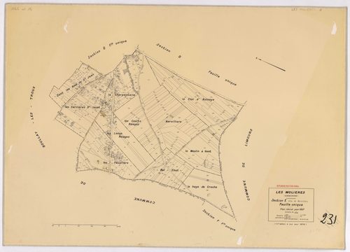 MOLIERES (LES). - Cadastre révisé pour 1937, à jour pour 1976 (2ème, 3ème édition) : plans du tableau d'assemblage, des sections A, B, C dite d'Armenon, D, E dite de Nervilliers, F, G dite des Molières et H dite de la Cocquetière ; cadastre révisé pour 19