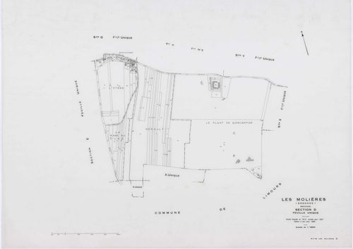 MOLIERES, plans minutes de conservation : tableau d'assemblage,1937, Ech. 1/10000 ; plans des sections A, B, D, E, F, H1, 1937, Ech. 1/2500, sections G, H2, 1937, Ech. 1/1250, sections X, Y, Z, 1959, Ech. 1/2000, sections AA, AB, AC, 2000, Ech. 1/1000. Po