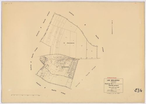 MOLIERES (LES). - Cadastre révisé pour 1937, à jour pour 1976 (2ème, 3ème édition) : plans du tableau d'assemblage, des sections A, B, C dite d'Armenon, D, E dite de Nervilliers, F, G dite des Molières et H dite de la Cocquetière ; cadastre révisé pour 19
