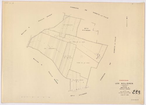 MOLIERES (LES). - Cadastre révisé pour 1937, à jour pour 1976 (2ème, 3ème édition) : plans du tableau d'assemblage, des sections A, B, C dite d'Armenon, D, E dite de Nervilliers, F, G dite des Molières et H dite de la Cocquetière ; cadastre révisé pour 19